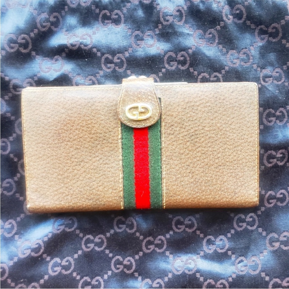 RARE Vintage 70s Gucci GG Sherry Line Bifold long Wallet Brown Leather
